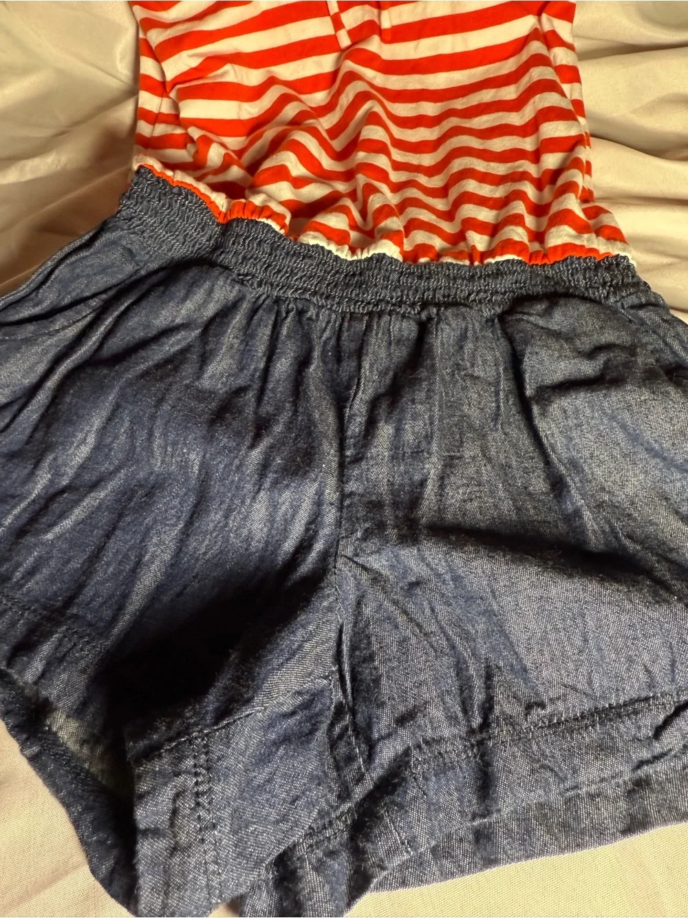 Guess Red & White Striped Top with Denim-Look Bottom Romper. One piece. Kids 7